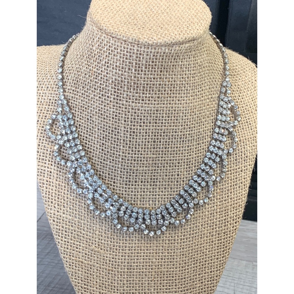 Vintage Silver Tone Clear Rhinestone Bib Scalloped Statement Necklace 16 Inch